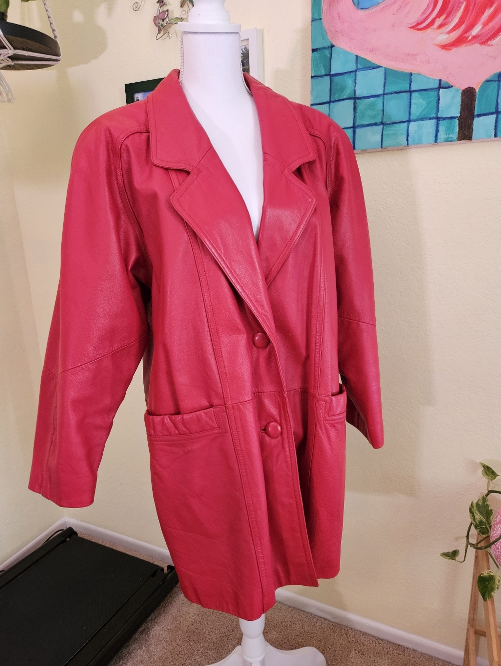 Preston And York Red Leather Longline Jacket - Classic Women's Coat Sz M